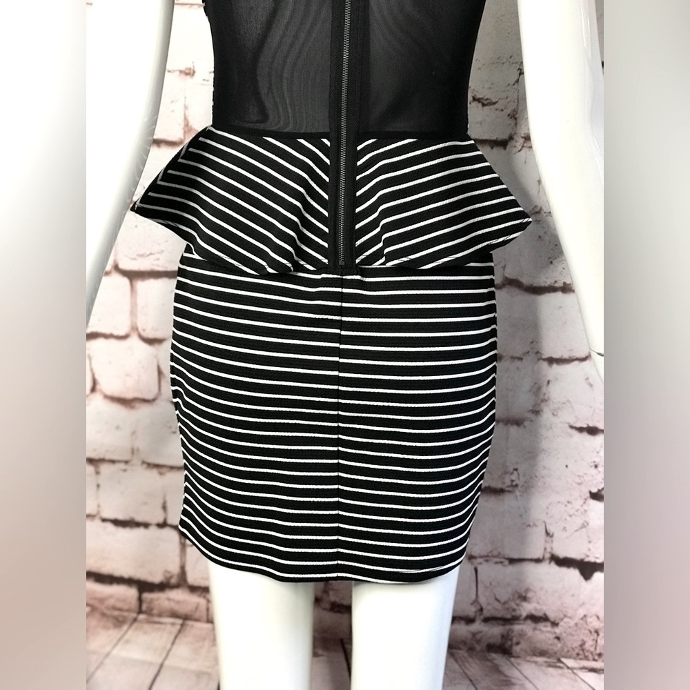 MATERIAL GIRL S Peplum Mesh Back Sleeveless Black & White Stripe Dress Small NWT - Picture 8 of 16